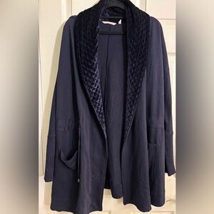 Soft Surroundings Navy Velvet Trim Robe Jacket Adjustable Waist